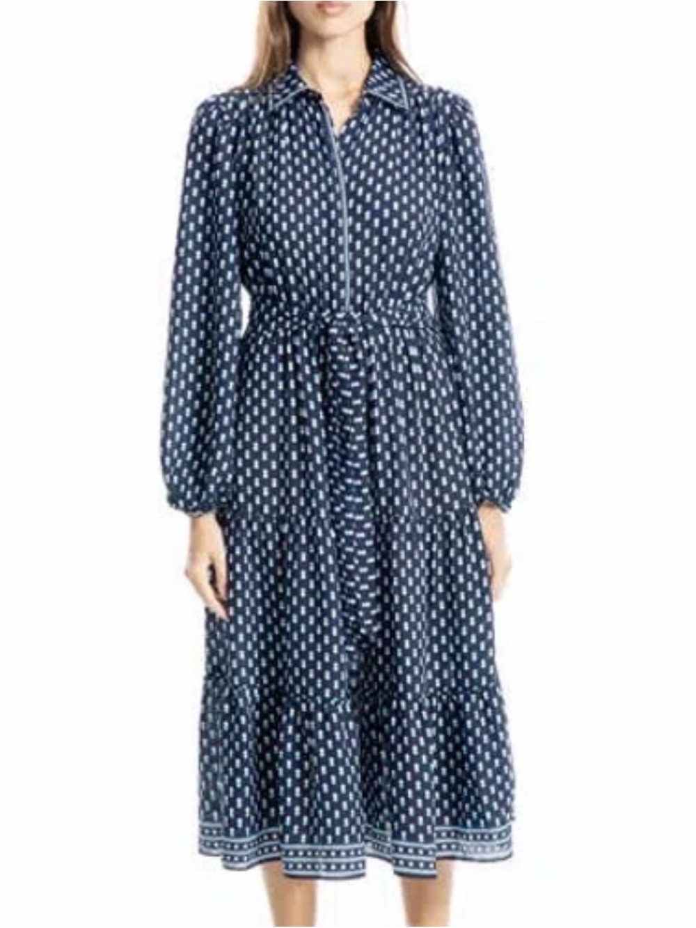 Max Studio Navy and White Printed Long-Sleeve Midi Dress